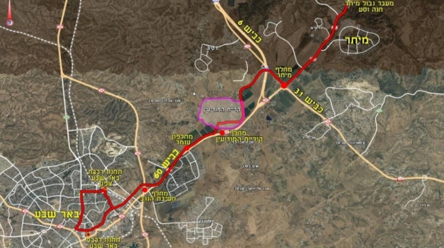 התוואי המתוכנן של הרכבת הקלה בבאר שבע (צילום: הוועדה לתשתיות לאומיות)