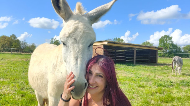 שרון כהן וחמור בחוות השיקום (צילום: צוות להתחיל מחדש)