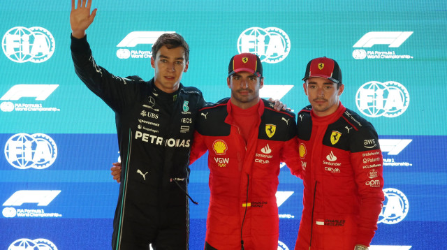 שארל לקלר (מימין), קרלוס סאינס, ג'ורג' ראסל נהגי פורמולה 1 (צילום: רויטרס)