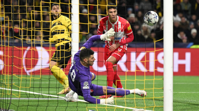 שוער הכוכב האדום בלגרד עומרי גלזר סופג שער מול יאנג בויז (צילום: אימג'בנק  GettyImages, FABRICE COFFRINI/AFP)