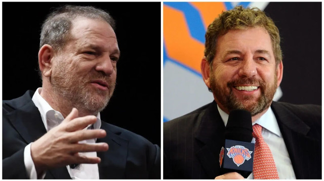 המפיק ההוליוודי לשעבר והאנס המורשע הארווי ויינשטיין, לצד הבעלים של ניו יורק ניקס ג'יימס דולאן (צילום: עיבוד תמונה, רויטרס, גטי)