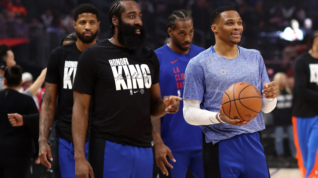 שחקני לוס אנג'לס קליפרס ג'יימס הארדן, ראסל ווסטברוק, קוואי לאונרד, פול ג'ורג' (צילום: GettyImages, Katelyn Mulcahy)