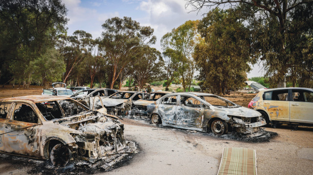 מכוניות שרופות באזור המסיבה ברעים (צילום: חיים גולדברג)