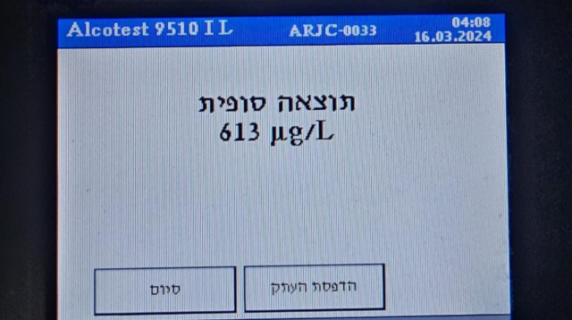 תוצאות בדיקת ה'ינשוף' של הנהג (צילום: דוברות המשטרה)