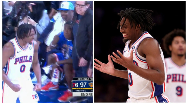 טרייסי מורגן לצד שחקן פילדלפיה סיקסרס טייריס מקסי (צילום: צילום מסך, אילוסטרציה)