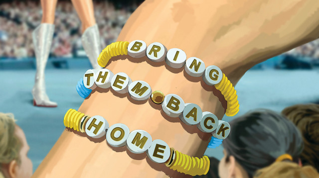 צמיד חטופים על רקע הופעת טיילור סוויפט (צילום: איור: אופיר בגון)