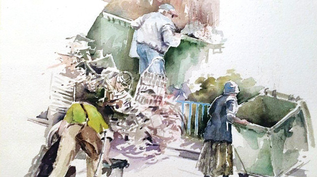 זקנים מחטטים בפחים (צילום: איור: אריה למדן)