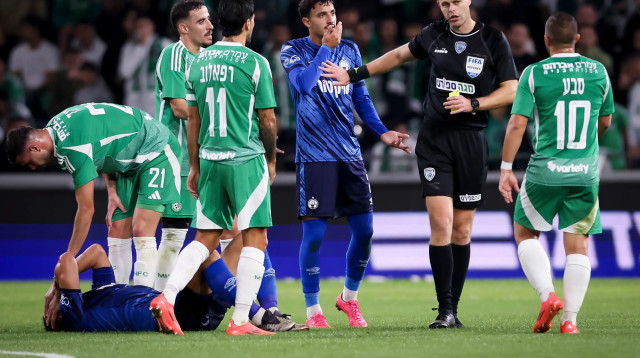 השופט יגאל פריד עם גיא מזרחי שחקן הפועל באר שבע (צילום: מאור אלקסלסי)