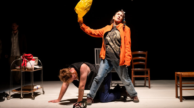 נעמי יואלי בדמותה של גברת דושייקו, דמות שנתפרה למידותיה. מתוך: "על עצמות המתים" בתיאטרון תמונע (צילום: יאיר מיוחס)