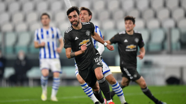 ברונו פרננדש שחקן מנצ'סטר יונייטד מול ריאל סוסיאדד, פברואר 2021 (צילום: GettyImages, Valerio Pennicino)