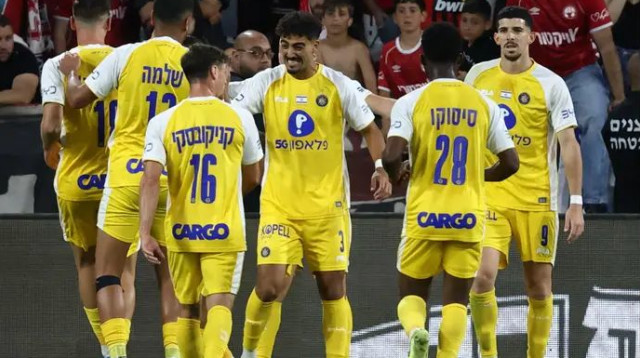 פסגה צהובה. שחקני מכבי תל אביב חוגגים (צילום: דני מרון)