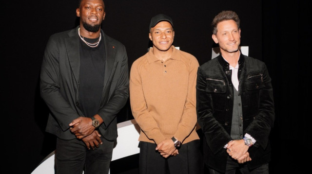 ליאור סושרד עם יוסיין בולט וקיליאן אמבפה (צילום: רולטיים יח"צ)