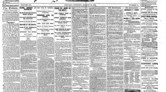 שער עיתון ה"שיקגו טריביון" מהמאה ה-19 (צילום: ללא קרדיט)