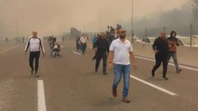 אנשים נוטשים רכבים בכביש 1 בעקבות השריפה (צילום: צילום מסך)