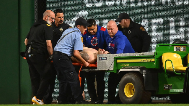 אוהד פיטסבורג פיירטס מפונה לאחר נפילתו מהיציע (צילום: GettyImages, Joe Sargent)