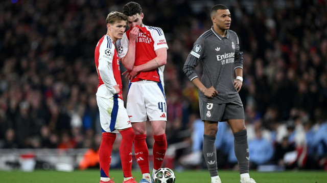 קילאן אמבפה ליד דקלן רייס ומרטין אודגור, ריאל מדריד מול ארסנל (צילום: GettyImages)