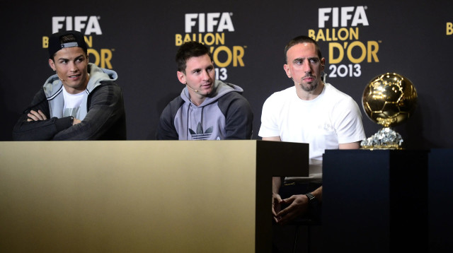 פרנק ריברי, ליאונל מסי, כריסטיאנו רונאלדו בטקס פרס כדור הזהב (צילום: GettyImages)