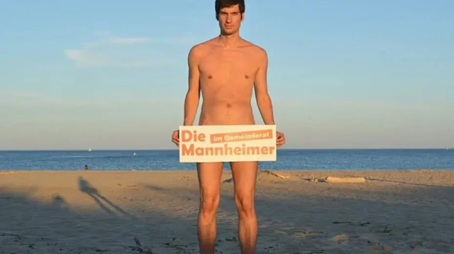 ז'וליאן פרא, קורא לגרמנים להגיע לעיר הנודיסטים בצרפת (צילום: Mannheim Official Gazette)