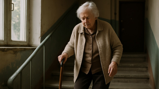 קשישה בחדר המדרגות. קושי פיזי ונפשי (צילום: מעריב אונליין)