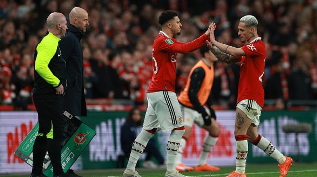 אנטוני וג'יידון סאנצ'ו במדי מנצ'סטר יונייטד (צילום: Eddie Keogh)