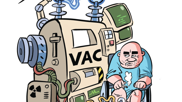 רון קופמן ומכשיר ה"ואק" (צילום: איור: איציק סמוכה)