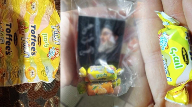 טופי ישראלי חולק ביחד עם מגנטים הנושאים את תמונת נסראללה (צילום: רשתות ערביות)