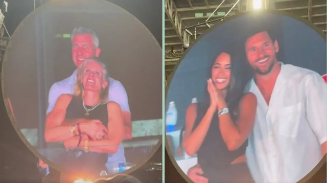 ליאונל מסי ואשתו אנטונלה רוקוזו, לצד תמונת הזוג הבוגד במופע של קולדפליי (צילום: צילום מסך, מתוך טוויטר)