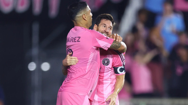 שחקני אינטר מיאמי ליאונל מסי, לואיס סוארס חוגגים (צילום: GettyImages, Megan Briggs)