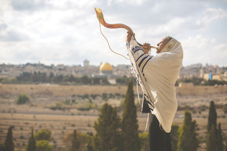 תקיעה בשופר מול הר הבית . צילום: יונתן זינדל, פלאש 90