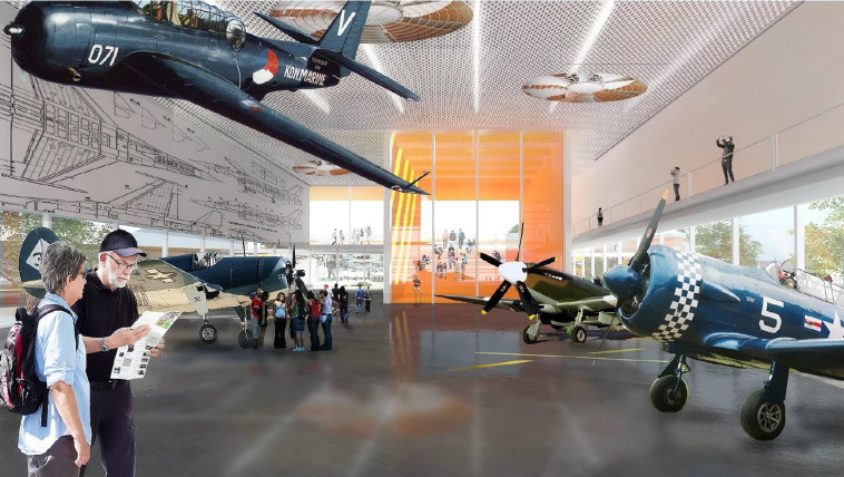 אחד מאולמות התצוגה במוזיאון חיל האוויר החדש. הדמייה: 'שוורץ בסנוסוף אדריכלים'