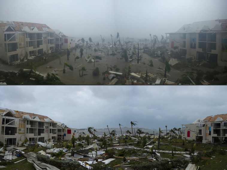 מלון מרקור בסן מרטן בזמן הוריקן אירמה ואחריו. צילום: AFP