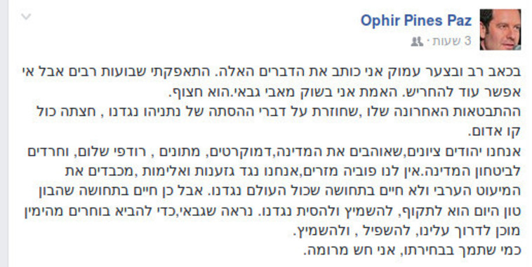 הפוסט של אופיר פינס נגד אבי גבאי. צילום מסך: פייסבוק