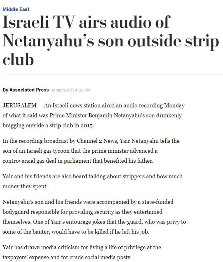 הוושינגטון פוסט, ארצות הברית. "הטלוויזיה הישראלית משדרת הקלטת בנו של נתניהו מחוץ למועדון חשפנות"