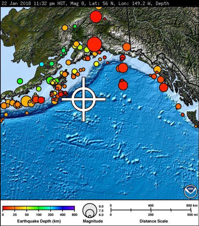 מוקד רעידת האדמה באלסקה. צילום: המרכז לאזהרות צונאמי באוקיינוס השקט