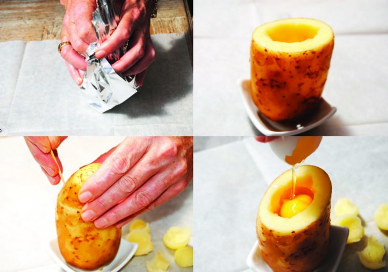 מימין למעלה בכיוון השעון: שלבי הכנת ביצה בתוך תפוח אדמה. בגנון וצילומים: פסקל פרץ רובין