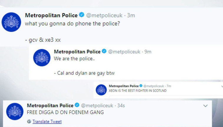 ציוצים שהאקרים העלו לחשבון של משטרת לונדון. צילום מסך טוויטר 