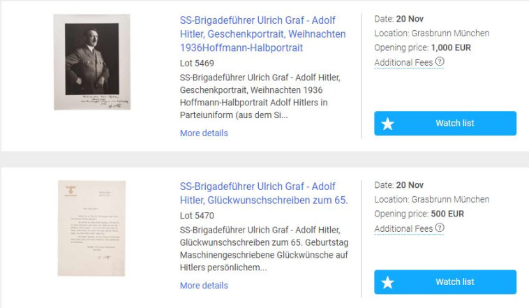 מכירת חפצים אישיים של היטלר. צילום מסך מתוך אתר the saleroom