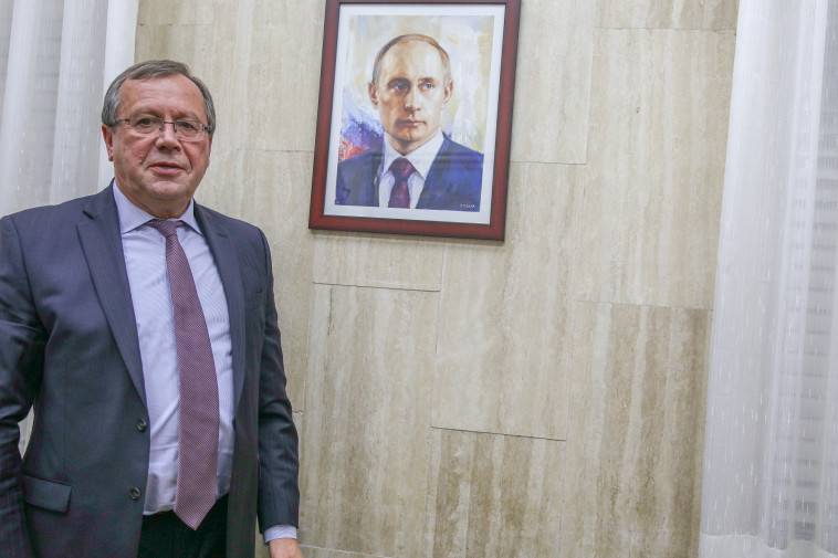 השגריר ויקטורוב לצד דיוקנו של פוטין, צילום: יוסי אלוני