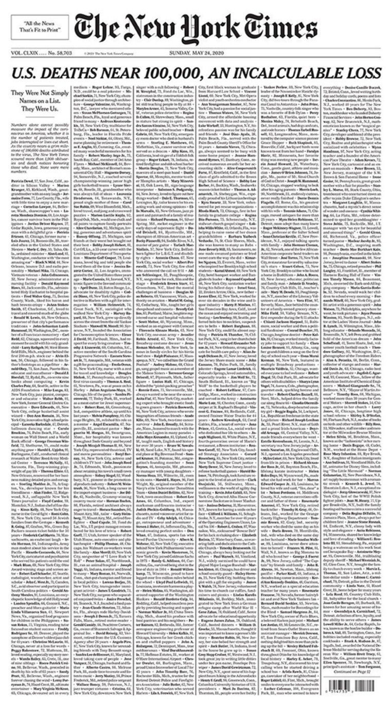 שער הניו יורק טיימס לזכר קורבנות הקורונה בארה״ב