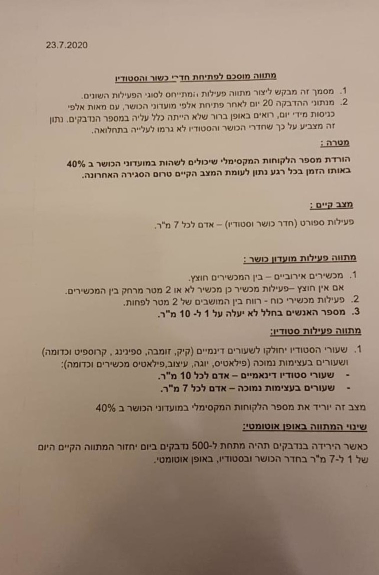 המתווה שהציעו חדרי הכושר