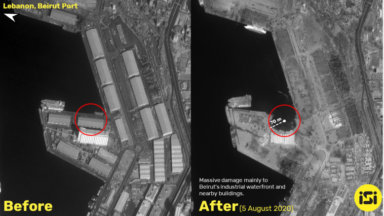 תמונות לוויין של אתר הפיצוץ בנמל ביירות  (צילום: וח מודיעין של חברת אימג'סאט אינטרנשיונל (ImageSat International - ISI), חברת הלוויינים ופתרונות המוד)