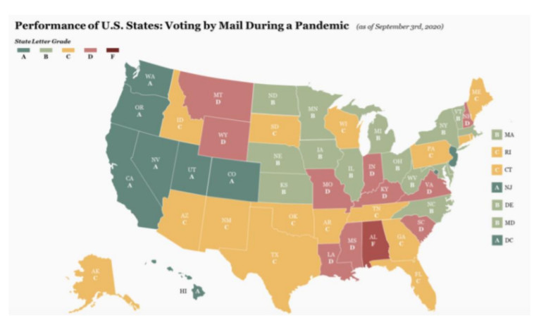 עד כמה קל להצביע בדואר בזמן הקורונה בארה''ב, לפי מדינה
