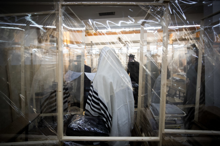 קורונה - מחיצות בין מתפללים בבית כנסת במאה שערים (למצולמים אין קשר לנאמר בכתבה)