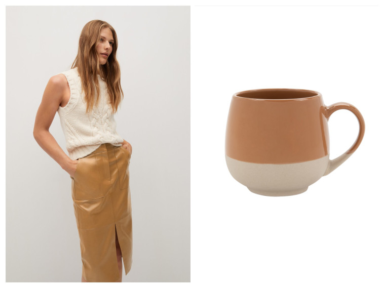  מאג עגול בצבעי שמנת וחמרה של FOX HOME, חצאית בצבע קפה של MANGO