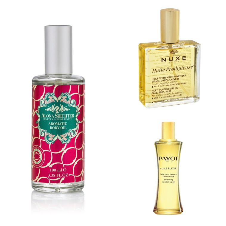 שמני גוף אלונה שכטר 100 שקלים, נוקס 170 שקלים, PAYOT 139 שקלים.