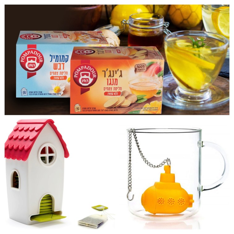 חליטות צמחים פומפדור 10.90-12.90 שקלים. צוללת תה 39 שקלים ומתקן לאחסון שקיות תה 69 שקלים בגאדג'טשופ