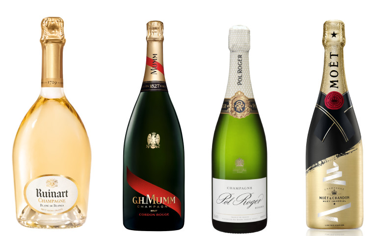 מימין לשמאל:  שמפניות מואט, פול רוג'ר, מום ורוניאר