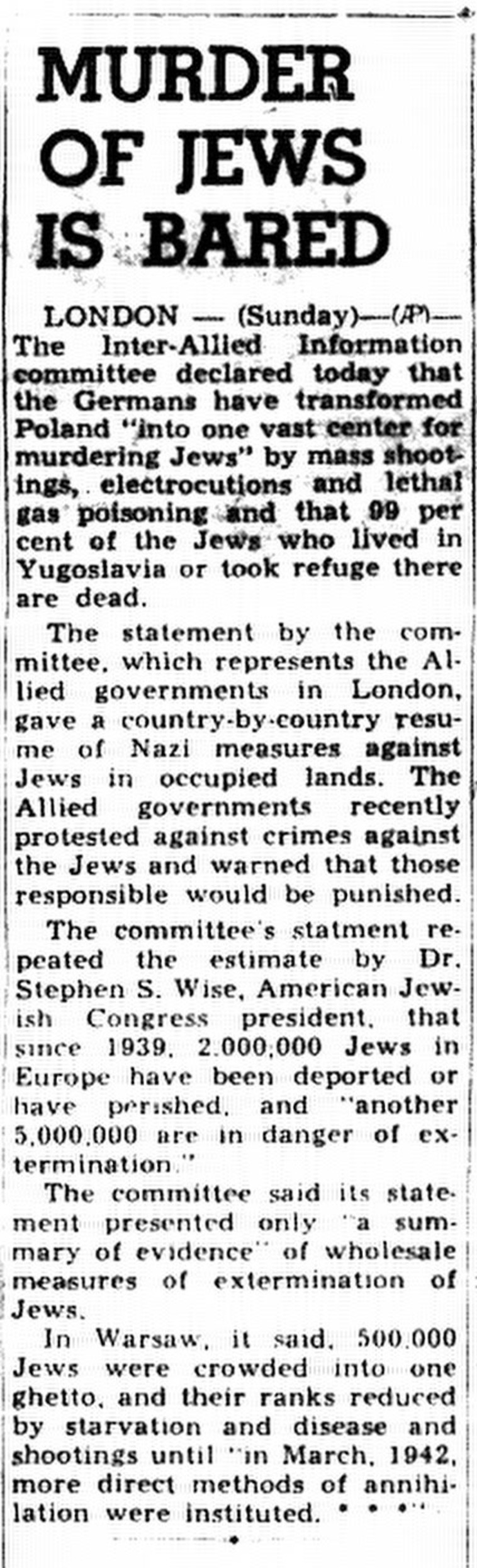 דיווח בעיתון במינסוטה, דצמבר 1942