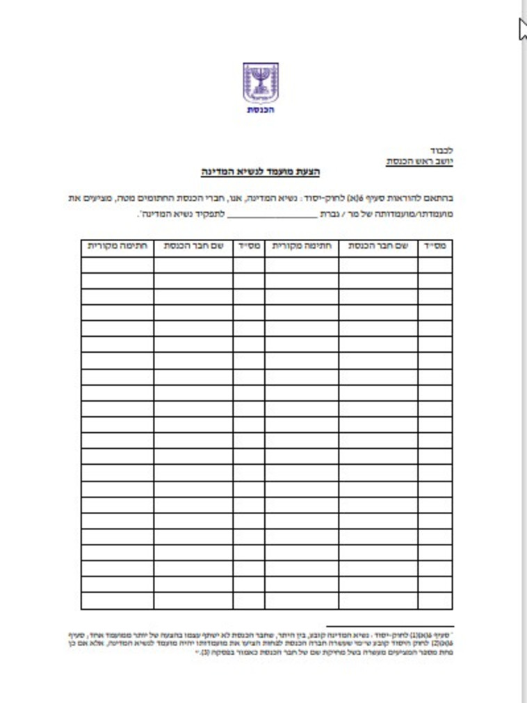 טופס הצעת מועמד לתפקיד נשיא המדינה