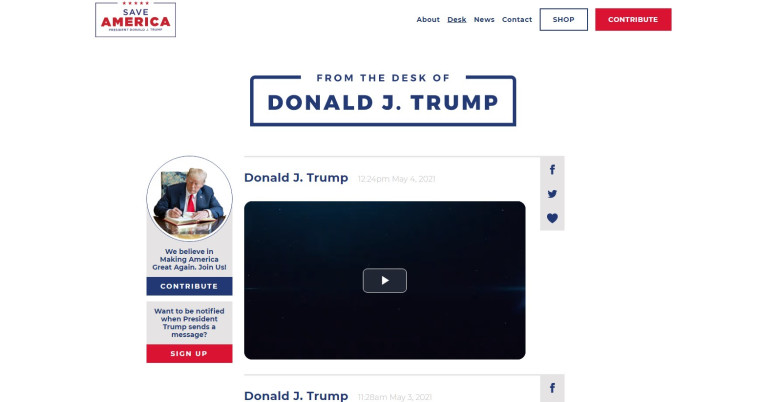 צילום מסך מתוך אתרו החדש של דונאלד טראמפ